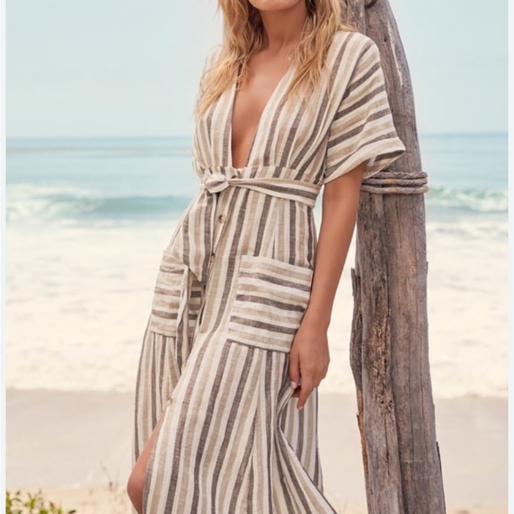 Free People Light Grey Striped Button-Front Midi Dress with Tie Waist – Size S